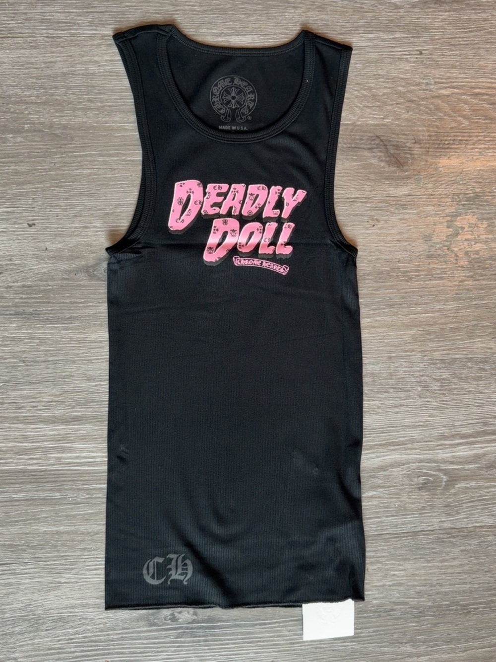 Deadly Doll Girls' Black Tank Top with Pink Logo chrome heart